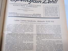 Opettajain lehti 1932-33 -sidottu vuosikerta, käsittelee monipuolisesti kansanopetusta ja opetustoimintaa maanlajuisesti, artikkelisisältö näkyvissä / annual volume