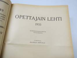 Opettajain lehti 1932-33 -sidottu vuosikerta, käsittelee monipuolisesti kansanopetusta ja opetustoimintaa maanlajuisesti, artikkelisisältö näkyvissä / annual volume