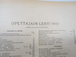 Opettajain lehti 1932-33 -sidottu vuosikerta, käsittelee monipuolisesti kansanopetusta ja opetustoimintaa maanlajuisesti, artikkelisisältö näkyvissä / annual volume