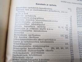 Opettajain lehti 1932-33 -sidottu vuosikerta, käsittelee monipuolisesti kansanopetusta ja opetustoimintaa maanlajuisesti, artikkelisisältö näkyvissä / annual volume