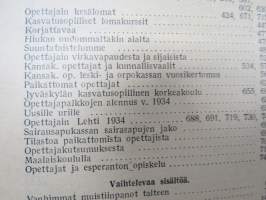 Opettajain lehti 1932-33 -sidottu vuosikerta, käsittelee monipuolisesti kansanopetusta ja opetustoimintaa maanlajuisesti, artikkelisisältö näkyvissä / annual volume