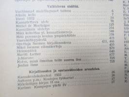 Opettajain lehti 1932-33 -sidottu vuosikerta, käsittelee monipuolisesti kansanopetusta ja opetustoimintaa maanlajuisesti, artikkelisisältö näkyvissä / annual volume