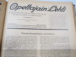 Opettajain lehti 1932-33 -sidottu vuosikerta, käsittelee monipuolisesti kansanopetusta ja opetustoimintaa maanlajuisesti, artikkelisisältö näkyvissä / annual volume