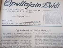 Opettajain lehti 1932-33 -sidottu vuosikerta, käsittelee monipuolisesti kansanopetusta ja opetustoimintaa maanlajuisesti, artikkelisisältö näkyvissä / annual volume