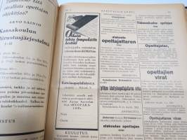 Opettajain lehti 1932-33 -sidottu vuosikerta, käsittelee monipuolisesti kansanopetusta ja opetustoimintaa maanlajuisesti, artikkelisisältö näkyvissä / annual volume