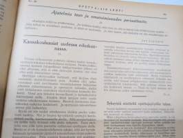 Opettajain lehti 1932-33 -sidottu vuosikerta, käsittelee monipuolisesti kansanopetusta ja opetustoimintaa maanlajuisesti, artikkelisisältö näkyvissä / annual volume