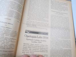 Opettajain lehti 1932-33 -sidottu vuosikerta, käsittelee monipuolisesti kansanopetusta ja opetustoimintaa maanlajuisesti, artikkelisisältö näkyvissä / annual volume