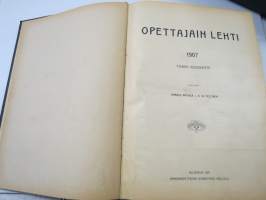 Opettajain lehti 1907-08-09 -sidottu vuosikerta, käsittelee monipuolisesti kansanopetusta ja opetustoimintaa maanlajuisesti, artikkelisisältö näkyvissä / annual vol