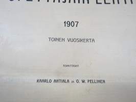 Opettajain lehti 1907-08-09 -sidottu vuosikerta, käsittelee monipuolisesti kansanopetusta ja opetustoimintaa maanlajuisesti, artikkelisisältö näkyvissä / annual vol