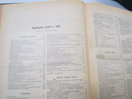 Opettajain lehti 1907-08-09 -sidottu vuosikerta, käsittelee monipuolisesti kansanopetusta ja opetustoimintaa maanlajuisesti, artikkelisisältö näkyvissä / annual vol