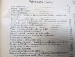 Opettajain lehti 1907-08-09 -sidottu vuosikerta, käsittelee monipuolisesti kansanopetusta ja opetustoimintaa maanlajuisesti, artikkelisisältö näkyvissä / annual vol