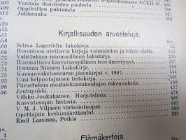 Opettajain lehti 1907-08-09 -sidottu vuosikerta, käsittelee monipuolisesti kansanopetusta ja opetustoimintaa maanlajuisesti, artikkelisisältö näkyvissä / annual vol