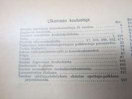 Opettajain lehti 1907-08-09 -sidottu vuosikerta, käsittelee monipuolisesti kansanopetusta ja opetustoimintaa maanlajuisesti, artikkelisisältö näkyvissä / annual vol