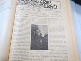 Opettajain lehti 1907-08-09 -sidottu vuosikerta, käsittelee monipuolisesti kansanopetusta ja opetustoimintaa maanlajuisesti, artikkelisisältö näkyvissä / annual vol