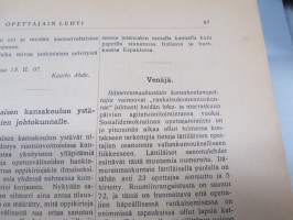 Opettajain lehti 1907-08-09 -sidottu vuosikerta, käsittelee monipuolisesti kansanopetusta ja opetustoimintaa maanlajuisesti, artikkelisisältö näkyvissä / annual vol