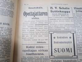 Opettajain lehti 1907-08-09 -sidottu vuosikerta, käsittelee monipuolisesti kansanopetusta ja opetustoimintaa maanlajuisesti, artikkelisisältö näkyvissä / annual vol