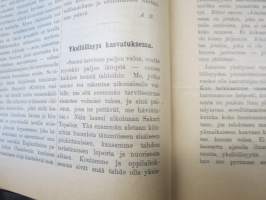 Opettajain lehti 1907-08-09 -sidottu vuosikerta, käsittelee monipuolisesti kansanopetusta ja opetustoimintaa maanlajuisesti, artikkelisisältö näkyvissä / annual vol