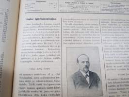 Opettajain lehti 1907-08-09 -sidottu vuosikerta, käsittelee monipuolisesti kansanopetusta ja opetustoimintaa maanlajuisesti, artikkelisisältö näkyvissä / annual vol