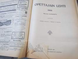 Opettajain lehti 1907-08-09 -sidottu vuosikerta, käsittelee monipuolisesti kansanopetusta ja opetustoimintaa maanlajuisesti, artikkelisisältö näkyvissä / annual vol