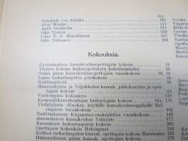 Opettajain lehti 1907-08-09 -sidottu vuosikerta, käsittelee monipuolisesti kansanopetusta ja opetustoimintaa maanlajuisesti, artikkelisisältö näkyvissä / annual vol