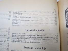 Opettajain lehti 1907-08-09 -sidottu vuosikerta, käsittelee monipuolisesti kansanopetusta ja opetustoimintaa maanlajuisesti, artikkelisisältö näkyvissä / annual vol