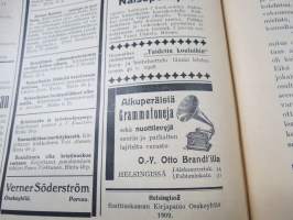 Opettajain lehti 1907-08-09 -sidottu vuosikerta, käsittelee monipuolisesti kansanopetusta ja opetustoimintaa maanlajuisesti, artikkelisisältö näkyvissä / annual vol