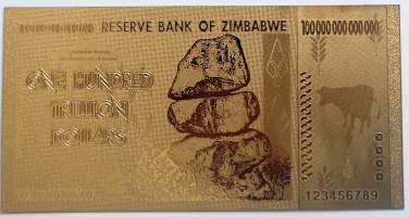 Zimbabwe   One hundred trillion Dollars  feikkiseteli, leikkiraha  24 K kullattu seteli