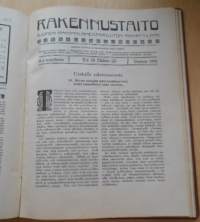 Rakennustaito 1916 koko vuosikerta kirjaksi sidottu, Ilmestynyt kaksi kertaa kuukaudessa. 3 kaksoisnumeroa
