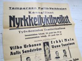 Tampereen Pallo-Veikkojen kansalliset Nyrkkeilykilpailut Työväentalon Teatterisalissa mm. Vilho Urhonen, Erkki Mela -kilpailujuliste / boxing poster