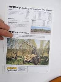 Mowi Skogsutrustning -myyntiesite, ruotsinkielinen / tractor-mounted forestry equipment sales brochure, in swedish