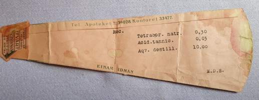 Uusi Apteekki Korkeavuorenkatu 2 Helsinki, 1926, resepti signatuuri
