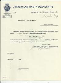 Jyväskylän Rauta Oy Jyväskylä 1928 - firmalomake
