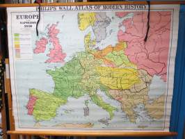 Europe under Napoleon 1810 - Eurooppa Napoleonin aikana / Philips Wall Atlas of Modern History 1953 / Koulutarpeiden Keskusliike Oy -seinäkartta / koulukartta