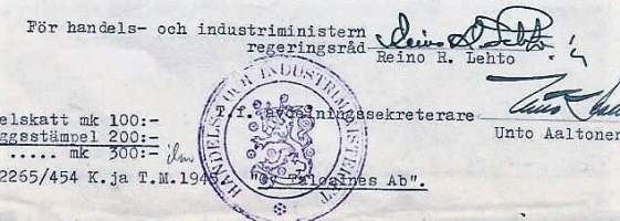 Reino Ragnar Lehto nimikirjoitus   1945  asiakirjalla