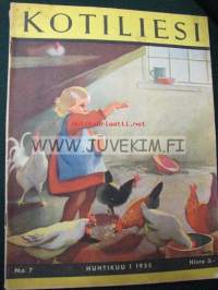 Kotiliesi 1935 nr 7 Huhtikuu 1935 (kansilehti Martta Wendelin) Vuoden 1935 kenkämallistoa esitellään. Ellinor Ivalon koti esitellään. Sinisukka -seurasta
