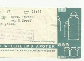 Willhelmsin  Apteekki Helsinki , resepti  signatuuri  1970
