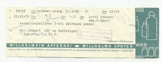 Willhelmsin  Apteekki Helsinki , resepti  signatuuri  1970