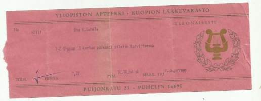 Kaisaniemen   Apteekki Helsinki , resepti  signatuuri  1962