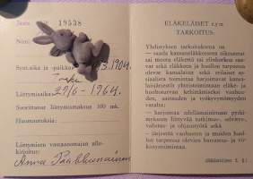 Eläkeläiset r.y. jäsenkortti. Liittymisaika 29.6.1964