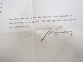 Presidenttikehys - Svinhufvud - Oy Agentor Ab - Koteja kodittomille lapsille -kampanjamateriaalia, suosituskirje Juhani Korpivaara -omakätinen nimikirjoitus