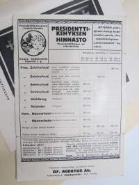 Presidenttikehys - Svinhufvud - Oy Agentor Ab - Koteja kodittomille lapsille -kampanjamateriaalia, suosituskirje Juhani Korpivaara -omakätinen nimikirjoitus