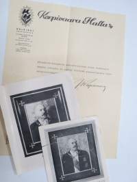 Presidenttikehys - Svinhufvud - Oy Agentor Ab - Koteja kodittomille lapsille -kampanjamateriaalia, suosituskirje Juhani Korpivaara -omakätinen nimikirjoitus