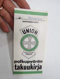 Union polkupyörä, Kesko Oy, 2.7.1970 -takuukortti + Nokia Oy rengastakuu