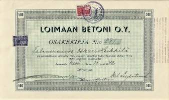 Loimaan Betoni Oy ,  500 mk  osakekirja,  Loimaa 10.6.1942