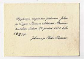 Vihkijäiskutsu Rannanpuurula 1924 Juho ja Tyyne Puurunen