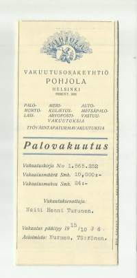 Palovakuutus Oy Pohjola, Palovakuutuskirja  1935- vakuutuskirja