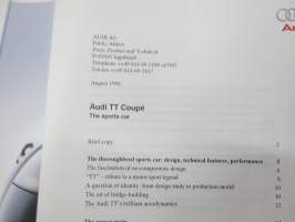 Audi TT Coupé PresseInfo 1998 -lehdistön lanseerauskansio, CD-levy puuttuu, 24 pressikuvaa, tiedote, ym.