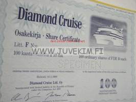 Diamond Cruise Oy, Helsinki 18.5.1990, 100 kantaosaketta, 1 000 mk -osakekirja. Specimen-rei&#039;itetty