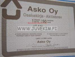 Asko Oy, Lahti 1989, 50 mk -osakekirja