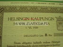 Helsingin Kaupungin 5% Obligatiolaina 1939, 10 000 mk -obligaatio